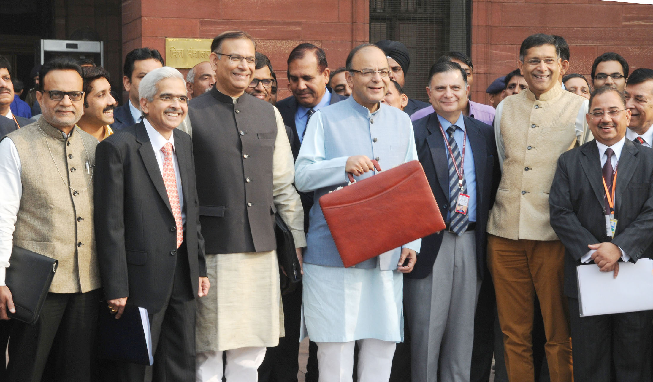 The Union Minister for Finance, Corporate Affairs and Information & Broadcasting, Shri Arun Jaitley departs from North Block to Parliament House along with the Minister of State for Finance, Shri Jayant Sinha to present the General Budget 2016-17, in New Delhi on February 29, 2016. The Secretary, Department of Economic Affairs, Ministry of Finance, Shri Shaktikanta Das, the Secretary, Revenue, Dr. Hasmukh Adhia and the Chief Economic Adviser, Dr. Arvind Subramanian are also seen.