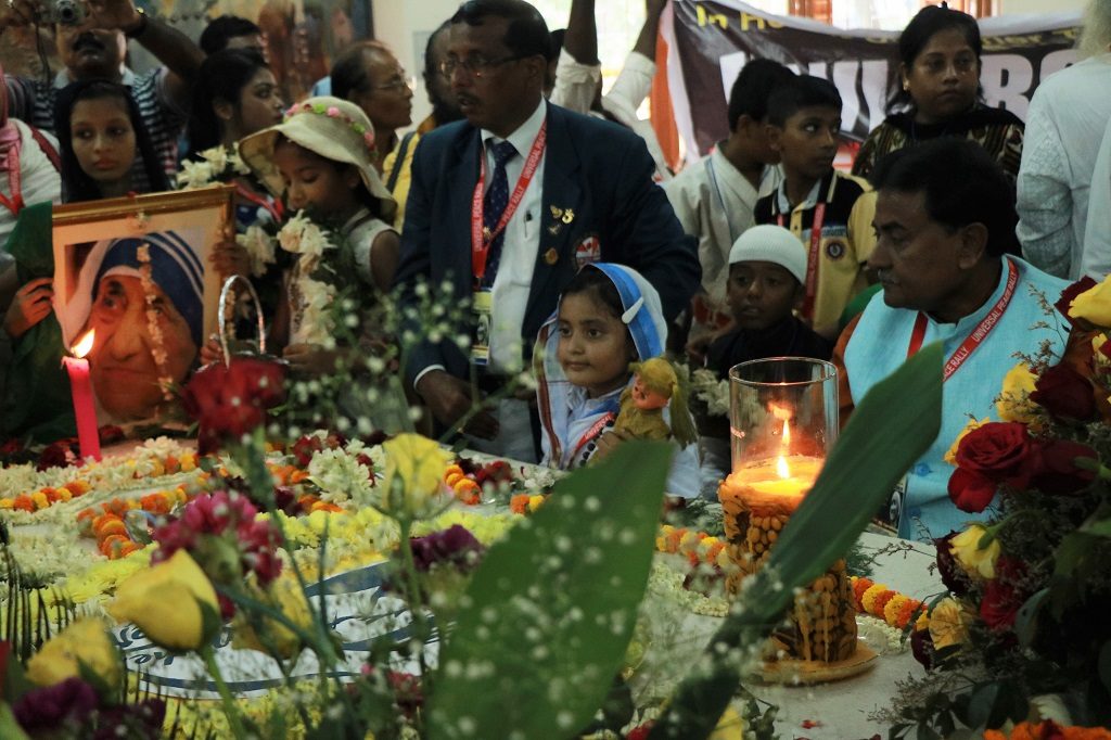 Gathering at the Mother House on Monday morning to commemorate the sainthood of Mother Teresa