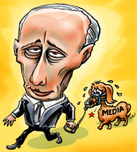 A cartoon that depicts the power dynamics in controlling the media