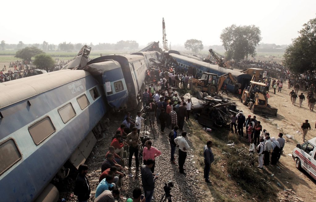 Rescue operations underway at the site of the train derailment in Pukhrayan, south of Kanpur