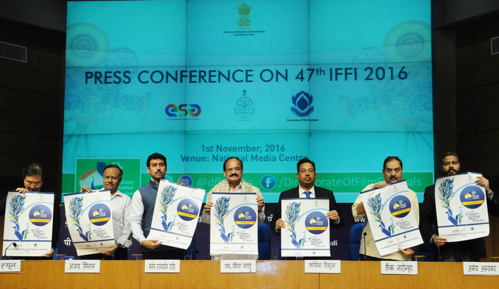 The Union Minister for Urban Development, Housing & Urban Poverty Alleviation and Information & Broadcasting, Shri M. Venkaiah Naidu releasing the Poster for the IFFI - 2016, at the press conference on 47th International Film Festival of India (IFFI), in New Delhi on November 01, 2016. The Minister of State for Information & Broadcasting, Col. Rajyavardhan Singh Rathore, the Deputy Chief Minister of Goa, Shri Francis Dsouza, the Secretary, Ministry of Information & Broadcasting, Shri Ajay Mittal and the Director General (M&C), Press Information Bureau, Shri A.P. Frank Noronha and other dignitaries are also seen.