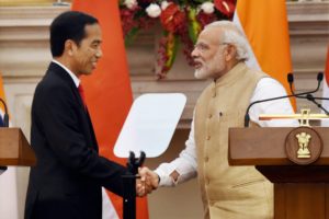 Indian Prime Minister Narendra Modi and Indonesian President Joko Widodo made a joint press statement at Hyderabad House in New Delhi on Monday. Picture Credit: PTI Photo by Subhav Shukla