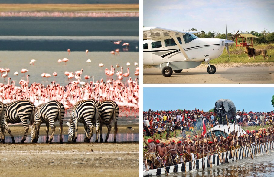 (Top) Flying to Okavango safari camps by light aircraft; (bottom) Kuomboka Festival of the Lozi people