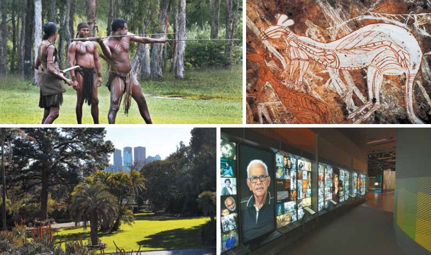 (Clockwise from left to right) Aboriginal traditional dancers; Aboriginal hunting weapons; Mimis and Kangaroo rock paintaings at Oenpelli, Arnhem Land; Aboriginal Cultural Centre at Melbourne Museum; Botanic Gardens in Melbourne