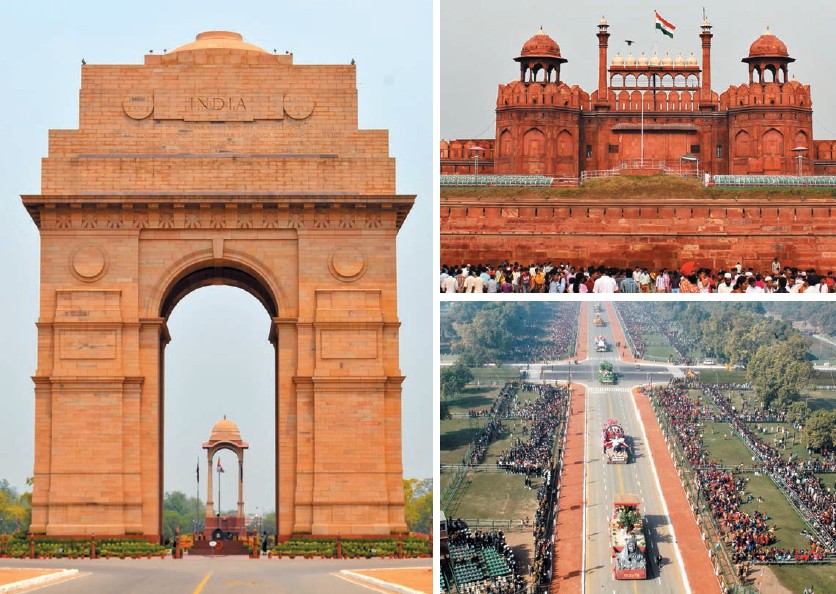 De izda. a dcha., en el sentido de las agujas del reloj: la Puerta de la India, el fuerte Rojo, Raj Path durante el desfile del Día de la República