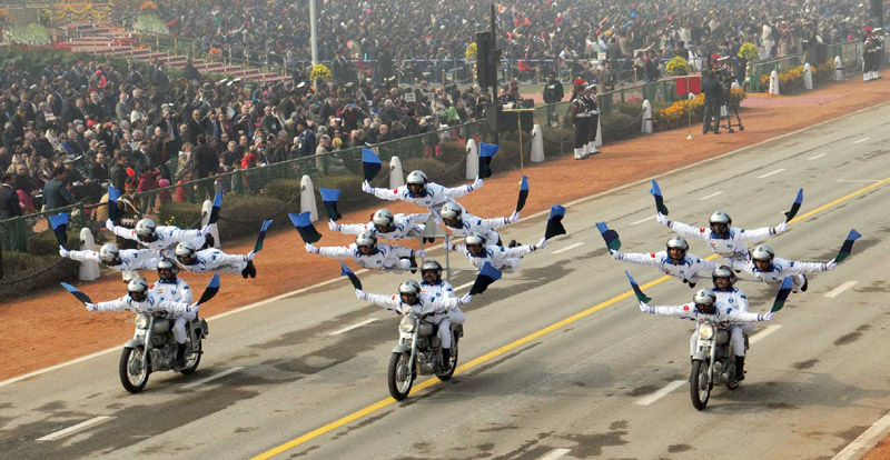 Rajpath comes alive with the dare devil stunts of motorbike riders of Corps of Signals, on the occasion of the 67th Republic Day Parade 2016, in New Delhi on January 26, 2016.