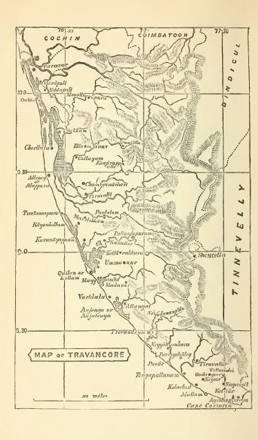 Une carte de 1871 du royaume de Travancore, où Nangeli a vécu et souffert, dans la ville côtière de Cherthala (au sud de Cochin sur la carte).