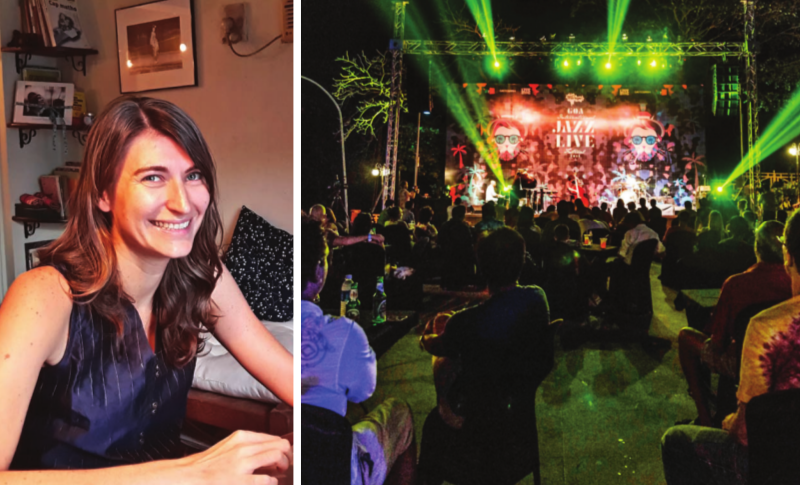 A gauche, Emmanuelle de Decker. A droite, une autre scène du festival de jazz de Goa fin 2015