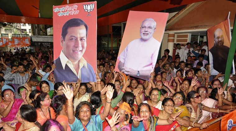 BJP supporters rejoice the victory of Sarbananda Sonowal in Assam
