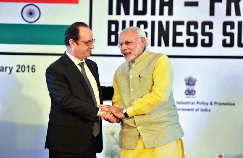 French President François Hollande and Indian Prime Minister Narendra Modi at the India-France Business Summit, in Chandigarh, on January 24, 2016. Aiming at Make in India many developments, from defence to smart cities
