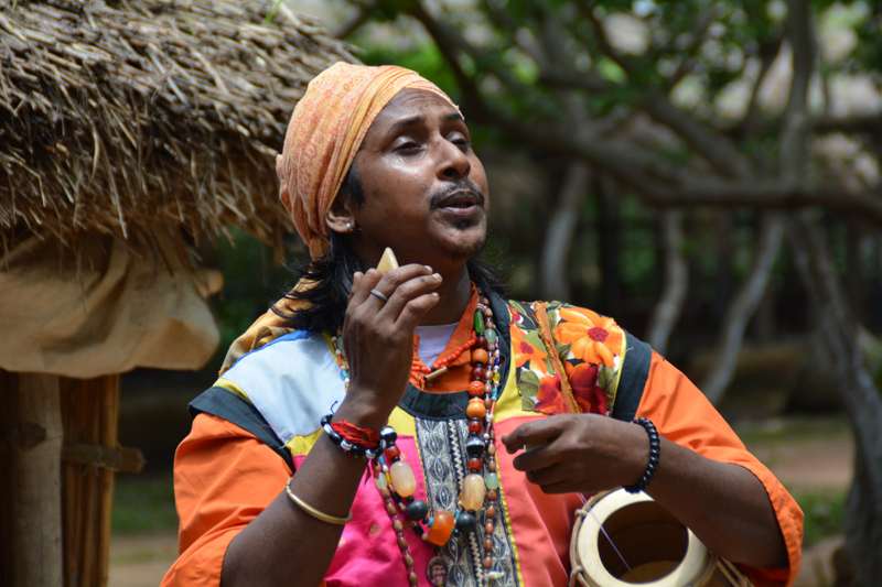 A baul singer plays a typical folk instrument