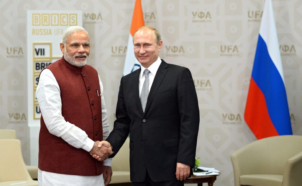 Narendra Modi and Vladimir Putin at the BRICS summit in 2015