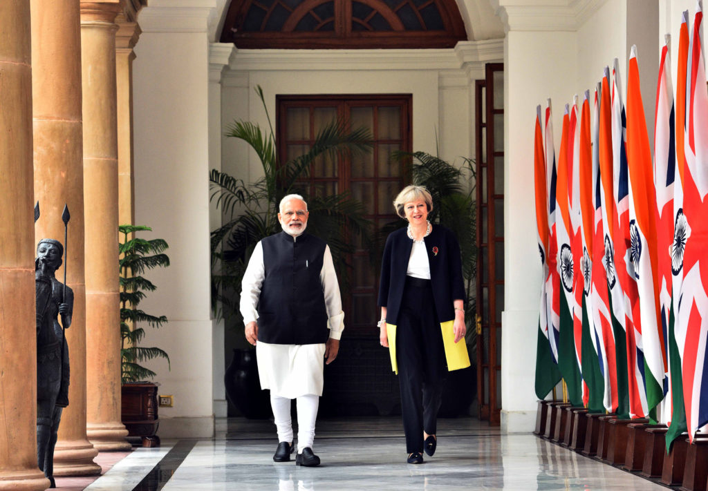Narendra Modi with the Prime Minister of United Kingdom, Theresa May, at Hyderabad House, in New Delhi