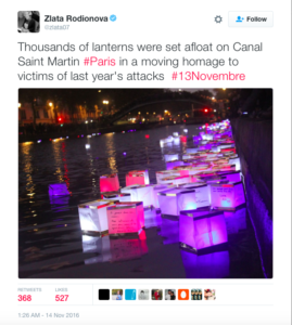 Floating lanterns were seen on Canal Saint Martin Paris in a homage to victims of last year's attacks. photo via Twitter @zlata07