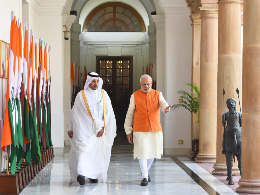 Narendra Modi with the Prime Minister of Qatar at Hyderabad House, in New Delhi