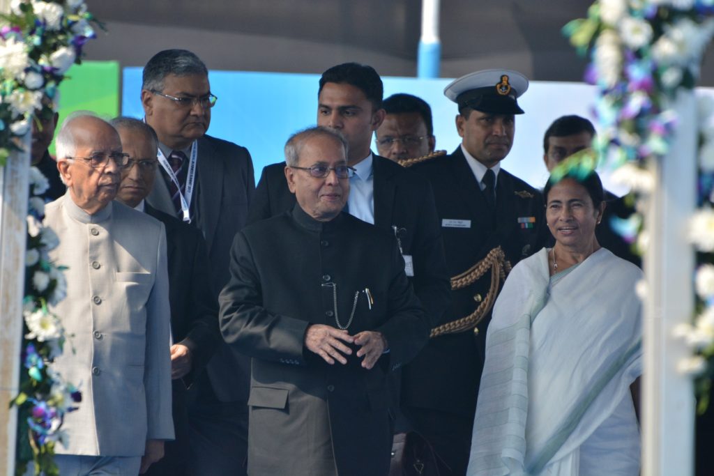 President Pranab Mukherjee with the Governor of West Bengal Keshri Nath Tripathi and the Chief Minister Mamata Bannerjee at the inauguration of BGBS 2017