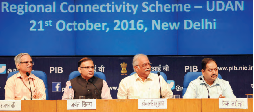 From Left to Right: Secretary, Ministry of Civil Aviation, R.N. Choubey, Minister of State for Civil Aviation, Jayant Sinha, Union Minister for Civil Aviation, Ashok Gajapathi Raju Pusapati and the Director General (M&C), Press Information Bureau, A.P. Frank Noronha at the launch of the Regional Connectivity Scheme-UDAN