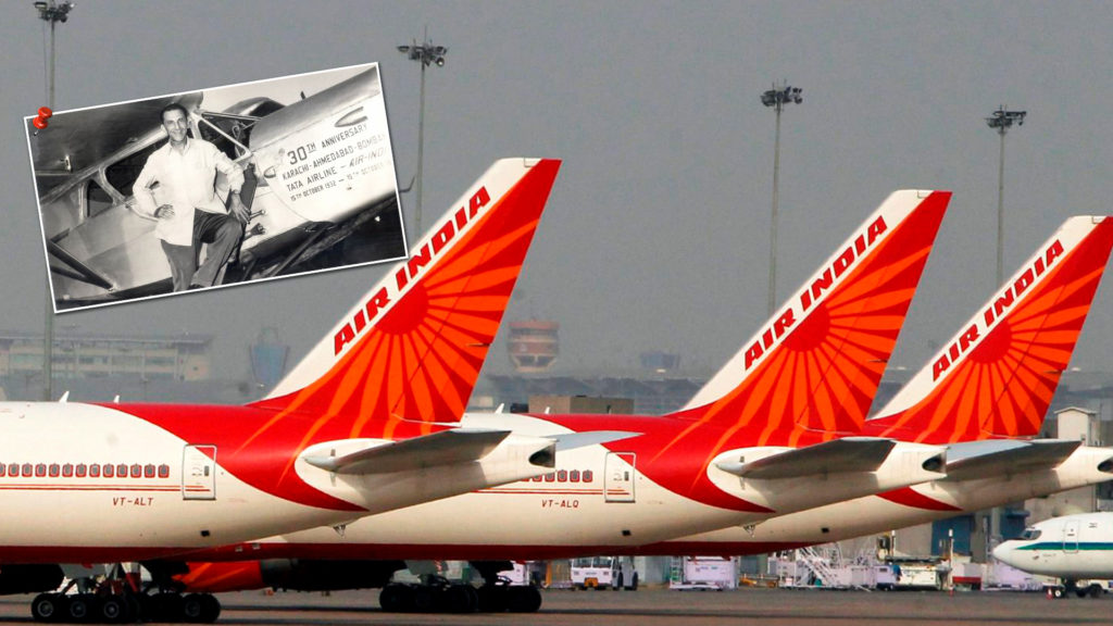 Air India fleet at an airport: JRD Tata with Tata Air India (inset)