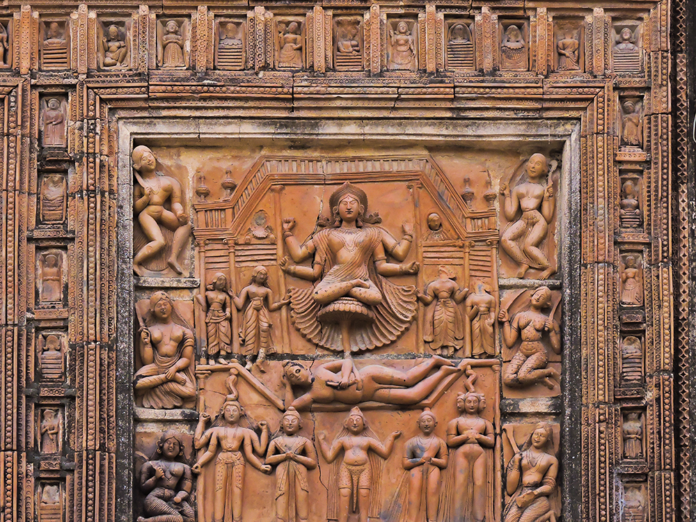 An intricate pattern found on the walls of the ancient terracotta Gopallaxmi Janardhan Temple at Ghurisha, West Bengal