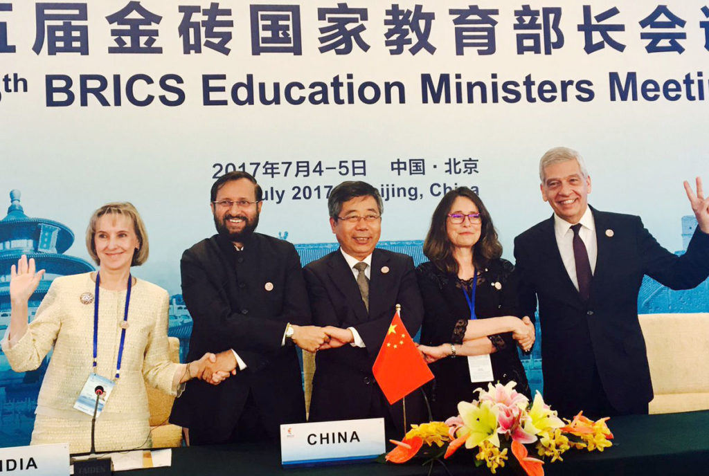 The Minister for Human Resource Development, Prakash Javadekar at the BRICS Education Ministers Meeting, in Beijing