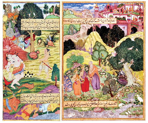 De haut en bas : Le Ramayana : Rama tue le démon Trishiras ; Rama et Lakshmana avec Vishvamitra