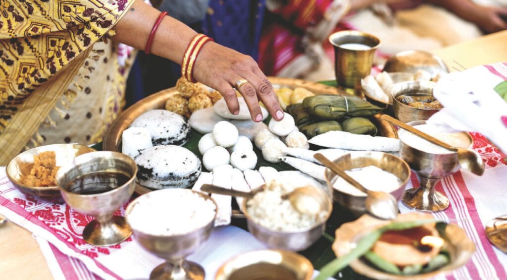 During Bahag Bihu, rice takes center stage in Jolpan, an Assamese breakfast consisting of a well-balanced mixture of rice, curd, cream and jaggery 