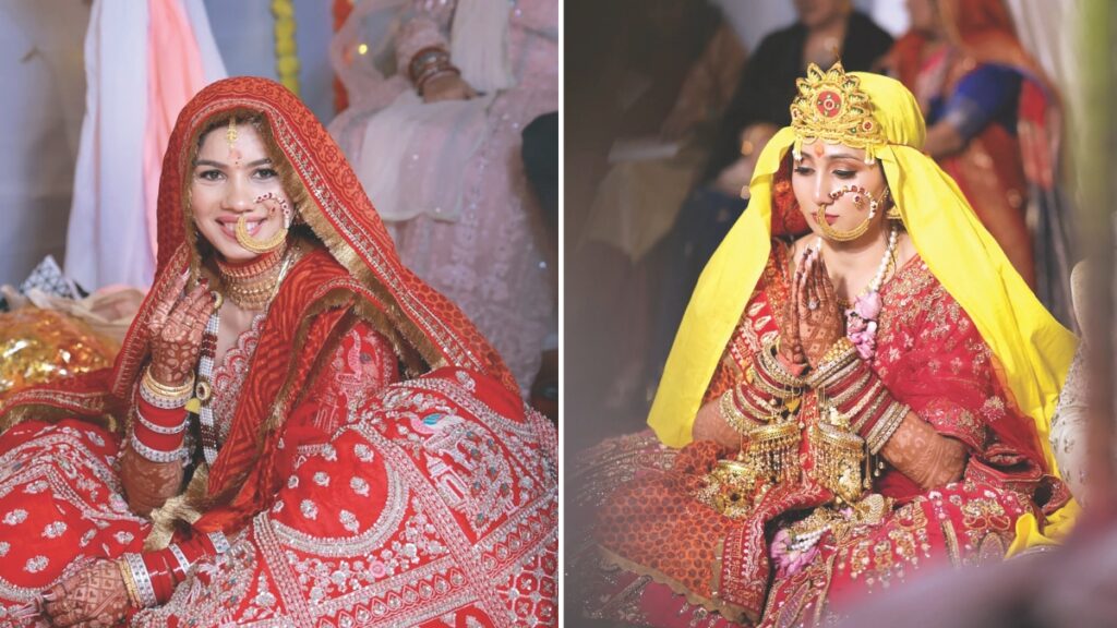Kumaoni brides dressed in vibrant red and yellow pichoras, adorned with traditional jewellery that reflects the rich heritage of Uttarakhand.